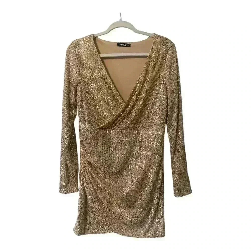 Sheilay Gold Sequin V-Neck Mini Dress, Medium